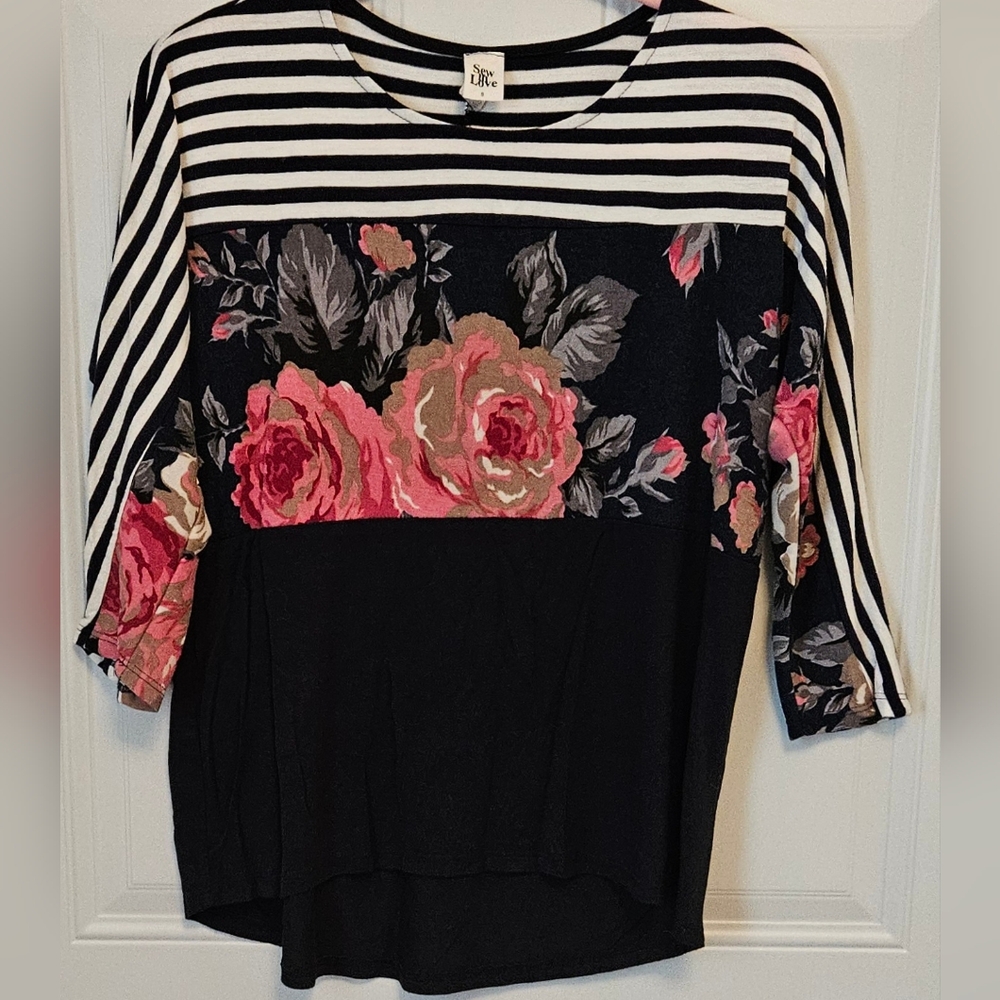 Sew In Love Black and Pink Floral Striped Blouse